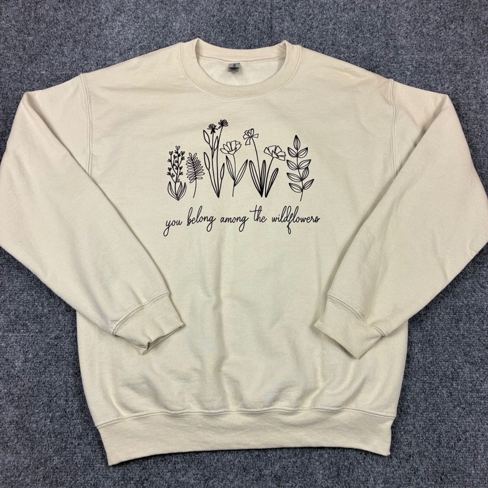Gildan Wildflower Floral Graphic Sweatshirt Beige Crewneck Womens Size Medium